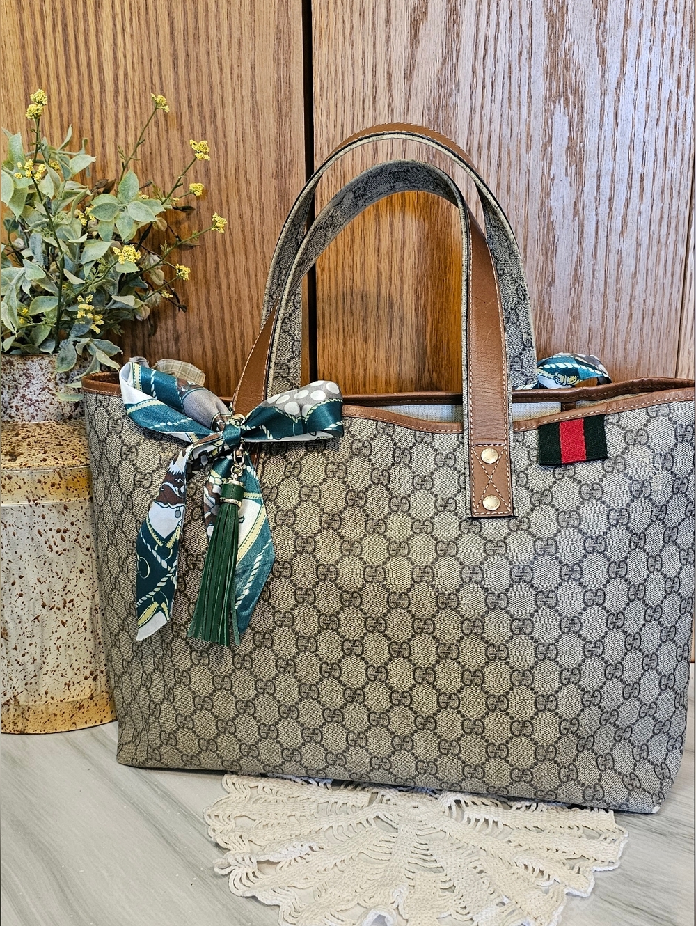 Gucci Beige GG Canvas Tote Bag with Green Ribbon Accent